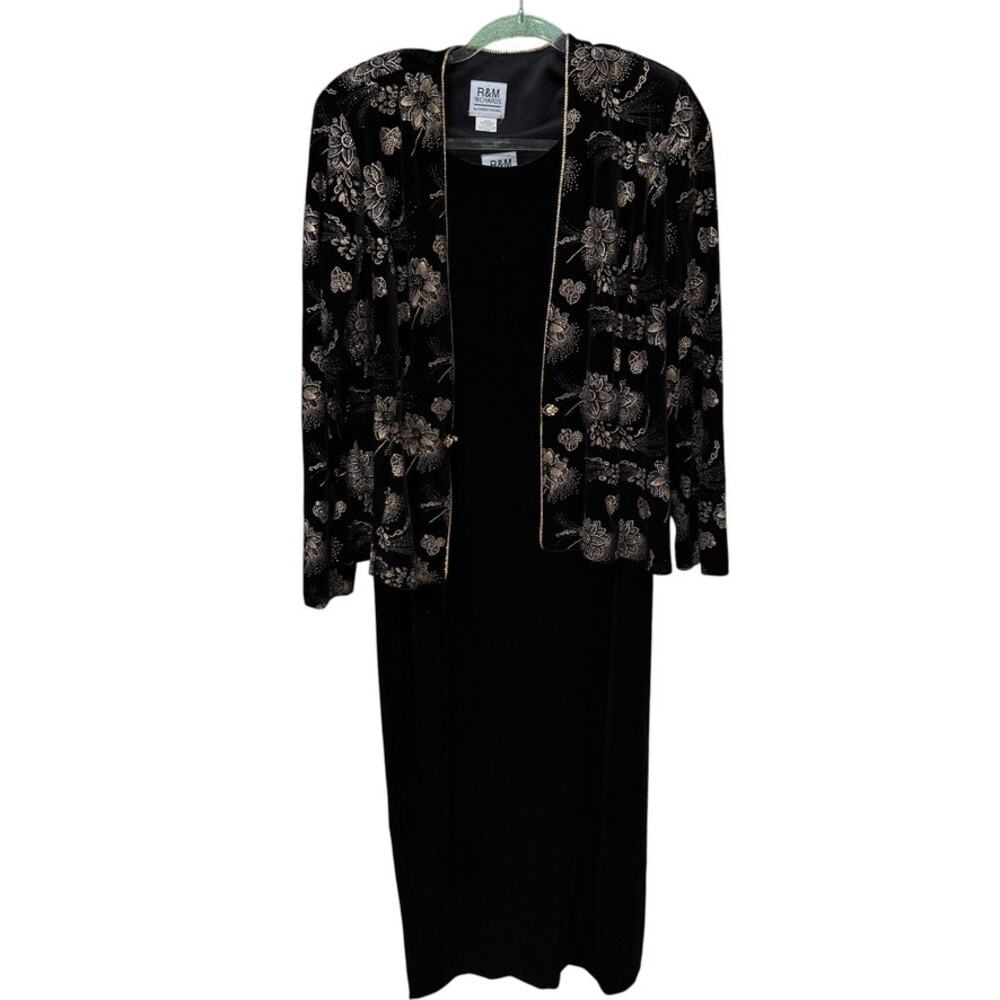 R&M Richards Dress Set Women Size 10 14 Black Velvet Gold Jacket Formal Retro